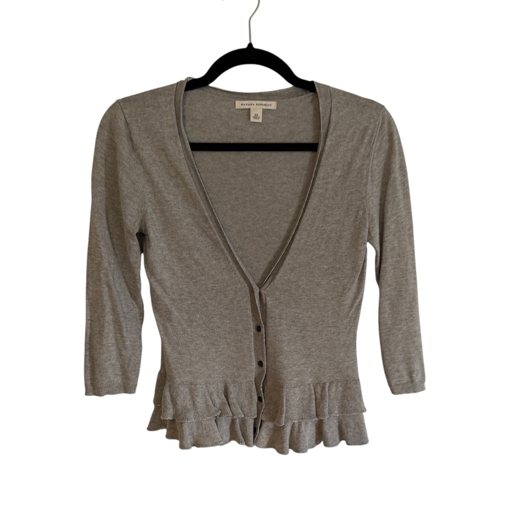 Banana Republic Cardigan Gray XS Womens Peplum Ruffle Trim V-Neck Silk Blend